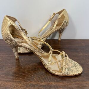 Gianni Bini Women’s gold leather snake Print 3” straps heel Sphere size 8.5